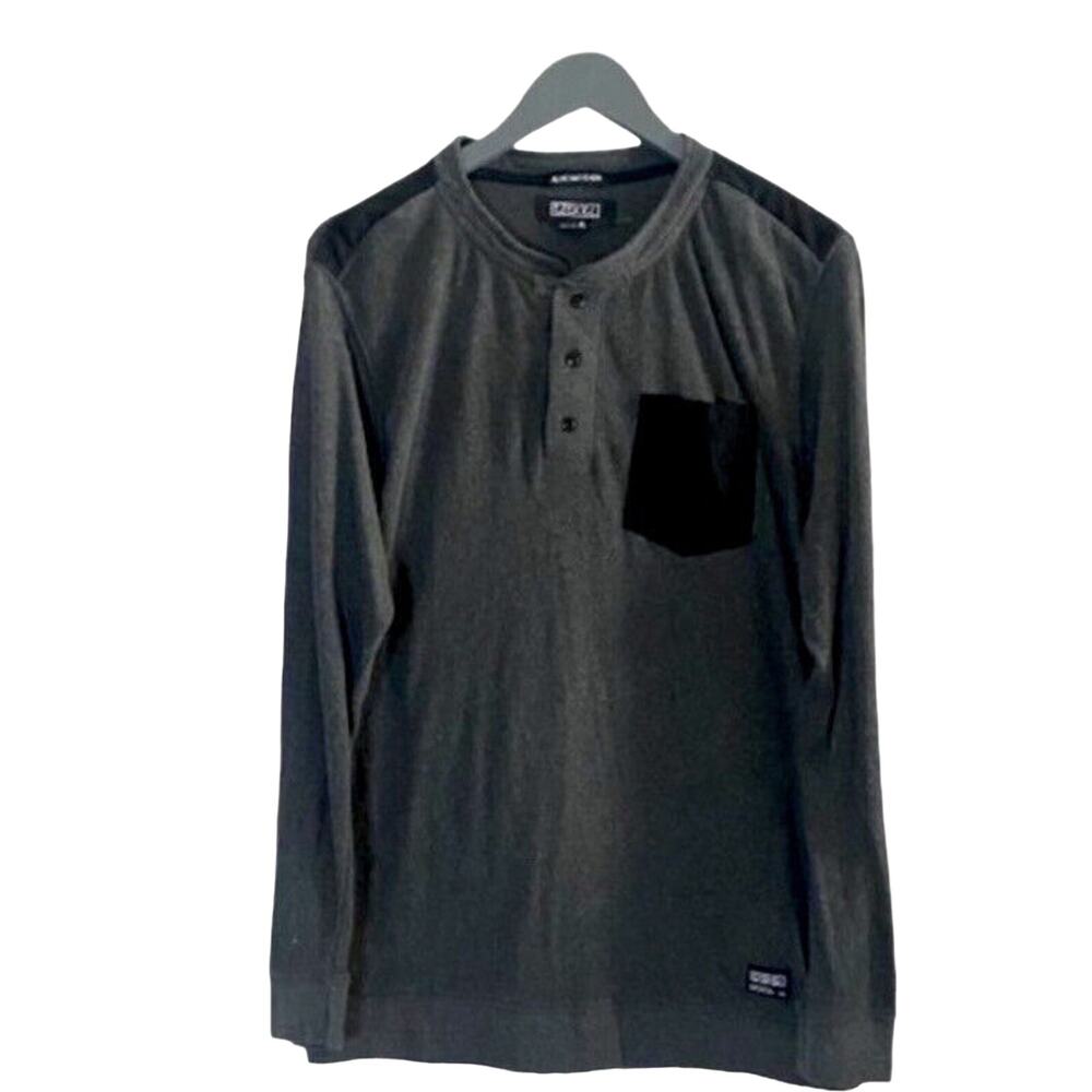 Ezekiel Mens Long Sleeve Shirt Quarter Buttons Crew Neck Pocket XL Grey Black